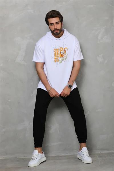 Unisex Kapşonlu Kısa Kol Oversize Baskılı T-Shirt - Beyaz