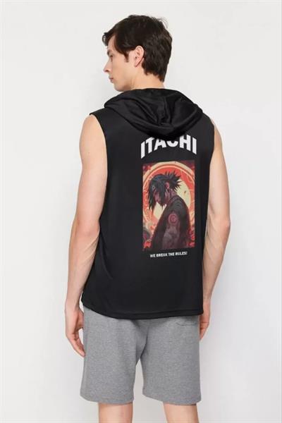 Unisex Kapşonlu Kolsuz Baskılı Oversize T-shirt - Siyah