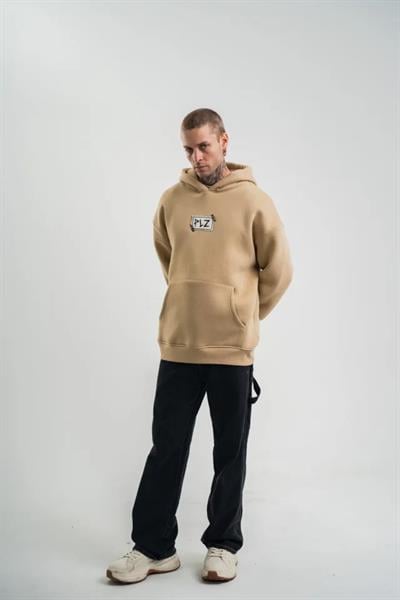 Unisex Kapşonlu Uzun Kol Patchli Nakışlı SweatShirt - Bej