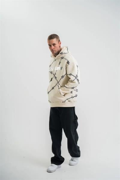 Unisex Kapşonlu Varak Ve Pano Baskılı SweatShirt - Bej