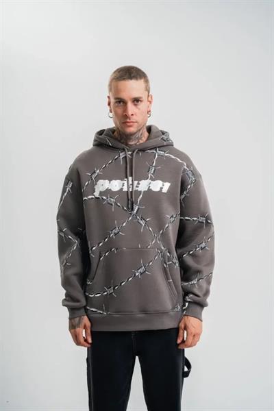 Unisex Kapşonlu Varak Ve Pano Baskılı SweatShirt - Füme