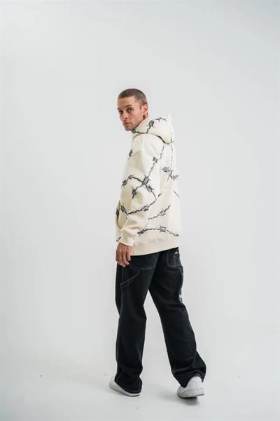 Unisex Kapşonlu Varak Ve Pano Baskılı SweatShirt - Bej