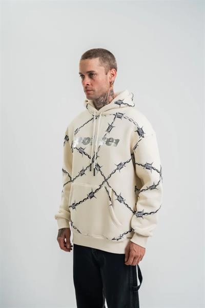 Unisex Kapşonlu Varak Ve Pano Baskılı SweatShirt - Bej