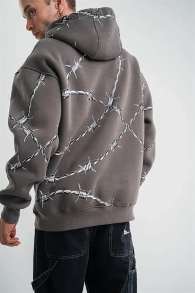 Unisex Kapşonlu Varak Ve Pano Baskılı SweatShirt - Füme