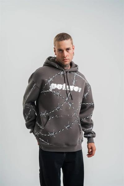 Unisex Kapşonlu Varak Ve Pano Baskılı SweatShirt - Füme