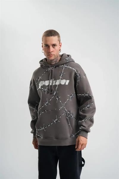 Unisex Kapşonlu Varak Ve Pano Baskılı SweatShirt - Füme