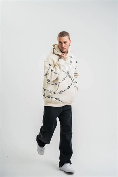 Unisex Kapşonlu Varak Ve Pano Baskılı SweatShirt - Bej