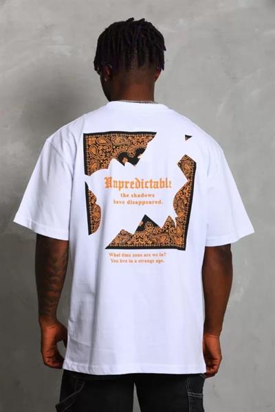 Unisex Oversize Baskılı Bisiklet Yaka T-Shirt - Beyaz