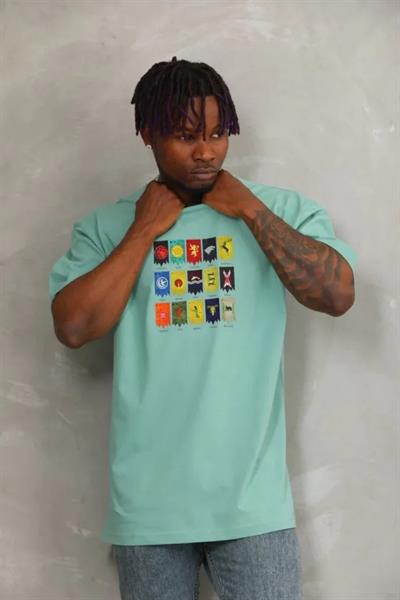 Unisex Oversize Baskılı Bisiklet Yaka T-Shirt - Mint Yeşili