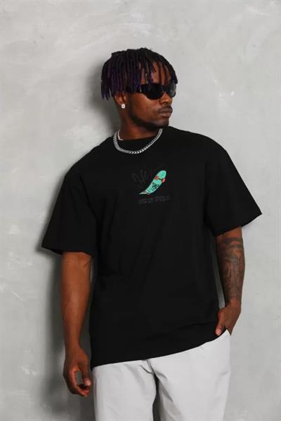 Unisex Oversize Baskılı Bisiklet Yaka T-Shirt - Siyah