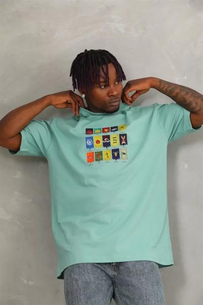 Unisex Oversize Baskılı Bisiklet Yaka T-Shirt - Mint Yeşili