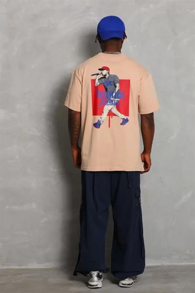 Unisex Oversize Baskılı Bisiklet Yaka T-Shirt - Bej