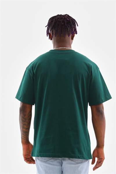 Unisex Oversize Düz Bisiklet Yaka T-Shirt - Koyu Yeşili