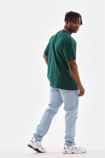 Unisex Oversize Düz Bisiklet Yaka T-Shirt - Koyu Yeşili