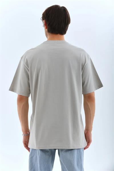 Unisex Oversize Taşlı Bisiklet Yaka T-Shirt - Gri