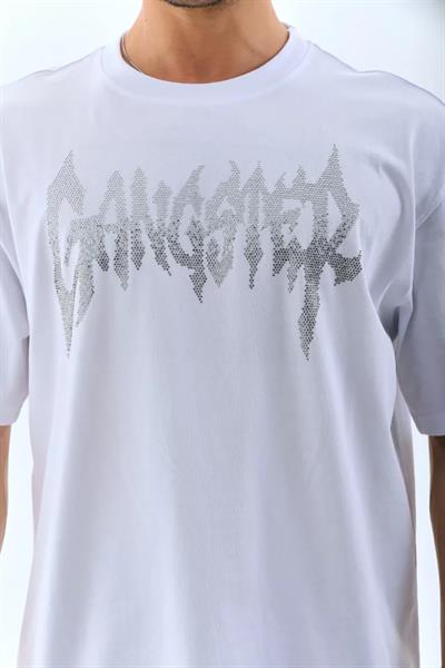 Unisex Oversize Taşlı Bisiklet Yaka T-Shirt - Beyaz