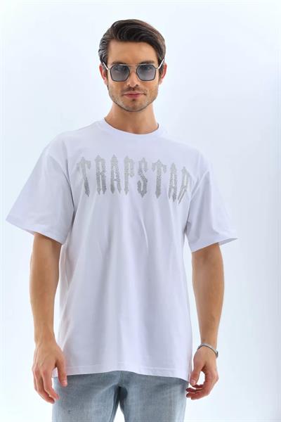 Unisex Oversize Taşlı Bisiklet Yaka T-Shirt - Beyaz