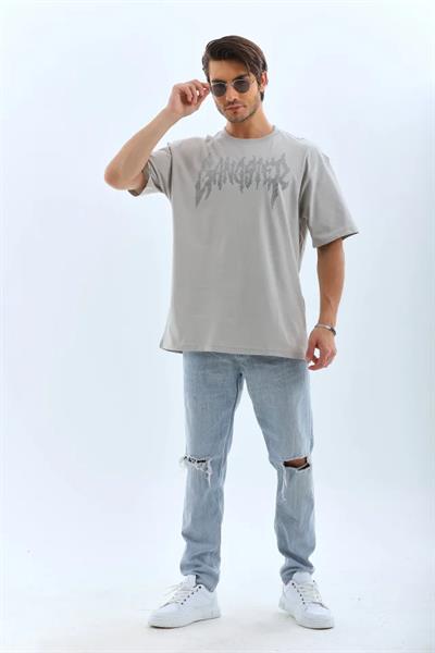 Unisex Oversize Taşlı Bisiklet Yaka T-Shirt - Gri