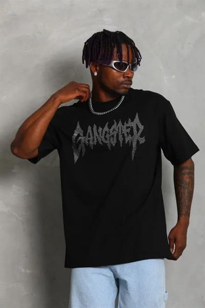 Unisex Oversize Taşlı Bisiklet Yaka T-Shirt - Siyah