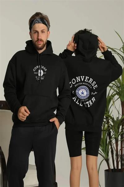 Unisex Oversize Üç İplik Şardonlu Kapüşonlu Sweatshirt – All Star Ön Ve Arka Baskılı, Kanguru Cepli, Rahat Kalıp Kışlık Model - Siyah
