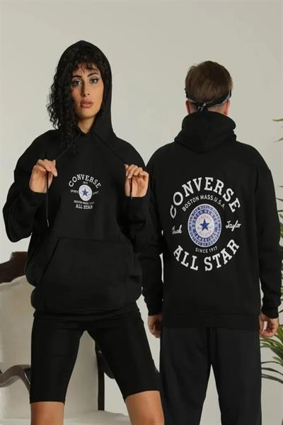 Unisex Oversize Üç İplik Şardonlu Kapüşonlu Sweatshirt – All Star Ön Ve Arka Baskılı, Kanguru Cepli, Rahat Kalıp Kışlık Model - Siyah
