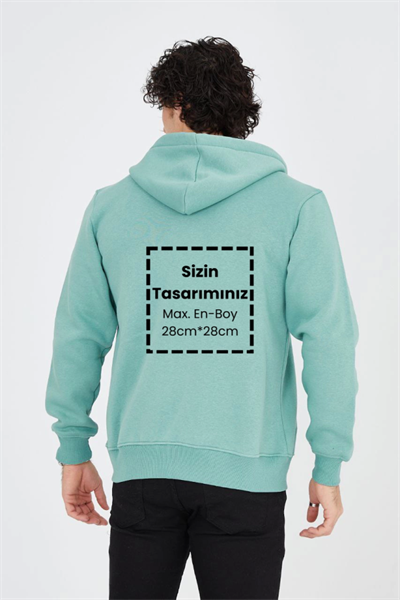 Unisex Tam Fermuarlı Kapşonlu Özel Tasarım SweatShirt - Mint Yeşili