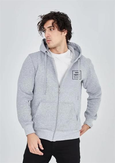 Unisex Tam Fermuarlı Kapşonlu Özel Tasarım SweatShirt - Gri