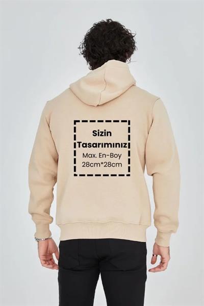 Unisex Tam Fermuarlı Kapşonlu Özel Tasarım SweatShirt - Bej
