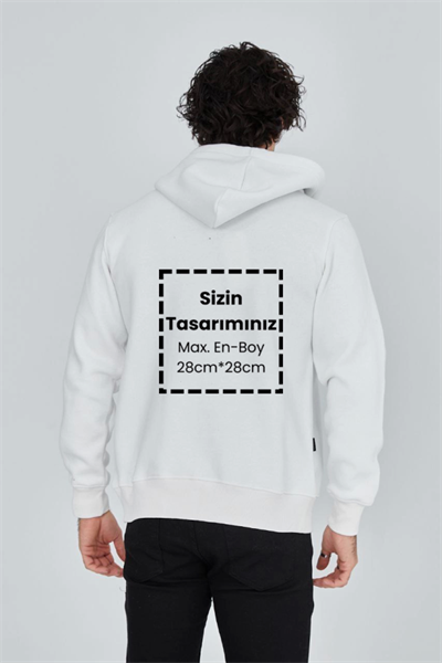 Unisex Tam Fermuarlı Kapşonlu Özel Tasarım SweatShirt - Beyaz