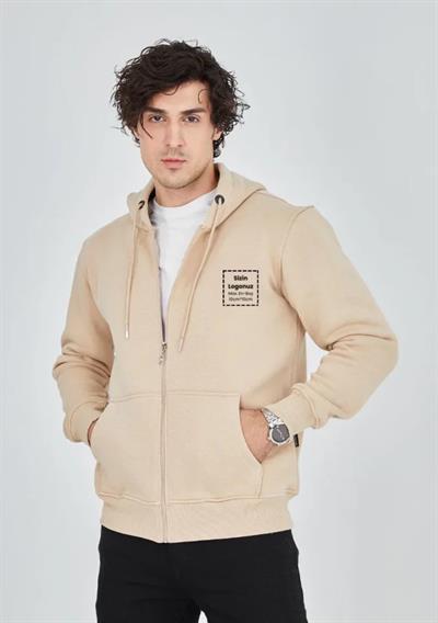 Unisex Tam Fermuarlı Kapşonlu Özel Tasarım SweatShirt - Bej