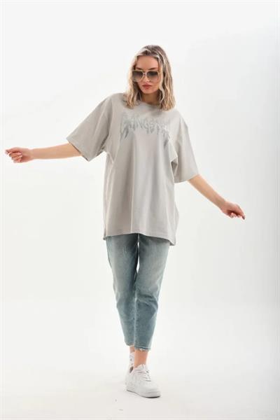 Unisex Taş Desenli Oversize T-Shirt - Gri