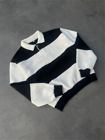 Unisex Üç İplik Parçalı Yakalı SweatShirt - Siyah