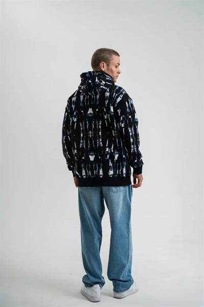 Unisex Uzun Kol Kapşonlu Pano Baskılı SweatShirt - Siyah