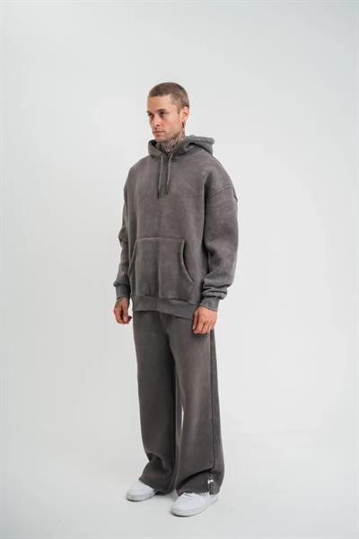 Unisex Uzun Kol Kapşonlu Yıkamalı Eşofman Takım - Füme