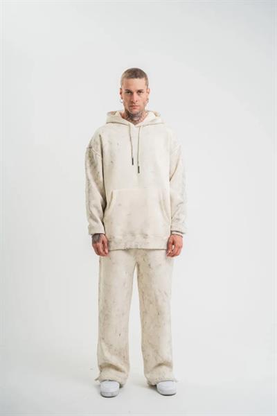 Unisex Uzun Kol Kapşonlu Yıkamalı Eşofman Takım - Krem