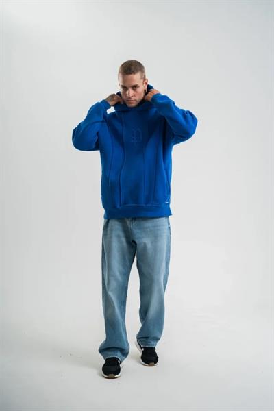 Unisex Uzun Kol Kapşonlu Yıkamalı Nakışlı SweatShirt - Mavi