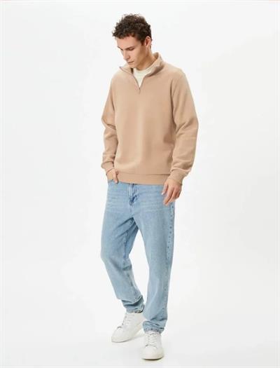 Unisex Uzun Kol Yarım Farmuarlı Yakalı Basic SweatShirt - Bej