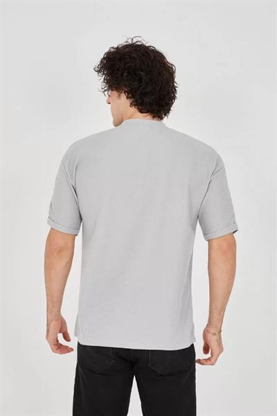 Unisex Waffle Kumaş Rahat Kol T-Shirt - Boyalı Gri