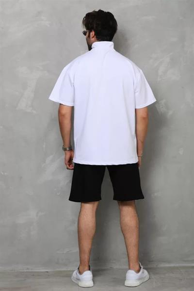 Unisex Yarım Fermuarlı Düz Oversize T-shirt - Beyaz