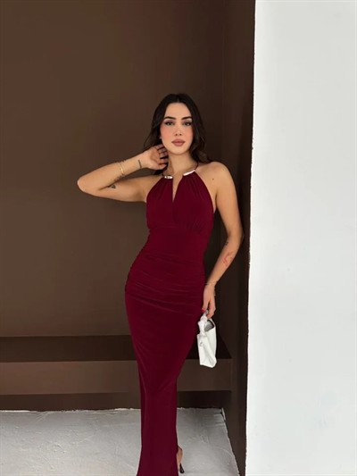 Uzun Abiye Elbise Yırtmaçlı Sırt Dekolteli Şık Gece Elbisesi - Bordo