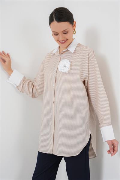 Uzun Çizgili Gömlek 5962 - Bej