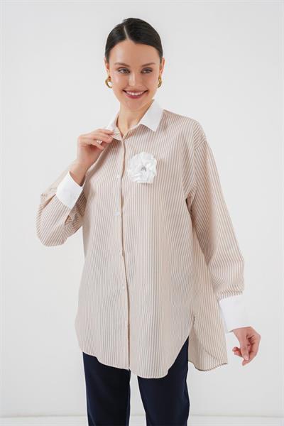 Uzun Çizgili Gömlek 5962 - Bej