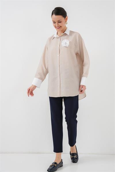 Uzun Çizgili Gömlek 5962 - Bej