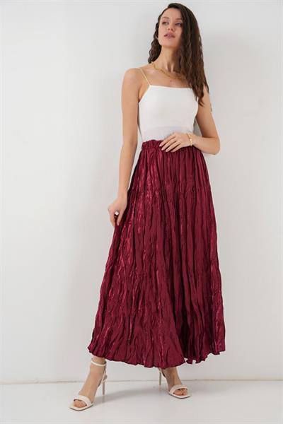 Uzun Kırışık Etek 8034 - Bordo