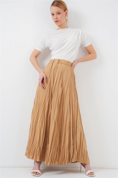 Uzun Kırışık Etek 8042 - Bisküvi