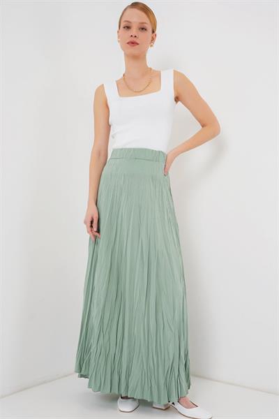 Uzun Kırışık Etek 8042 - Çağla