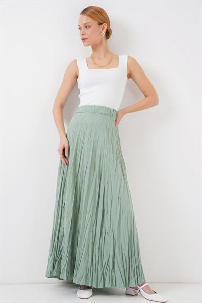 Uzun Kırışık Etek 8042 - Çağla