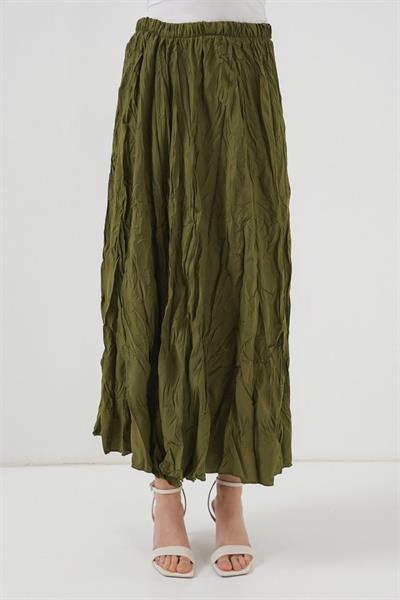 Uzun Kırışık Etek 8042 - Haki