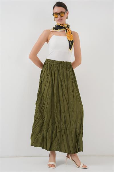 Uzun Kırışık Etek 8042 - Haki