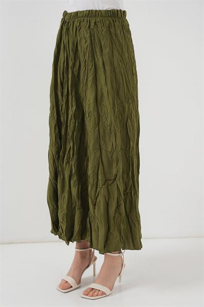 Uzun Kırışık Etek 8042 - Haki